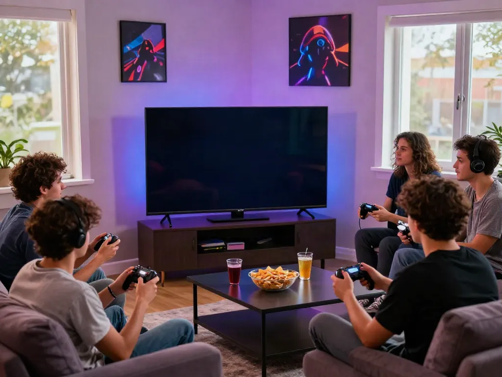 Group of friends enjoying a gaming session using https://ku88vt.com/ in a cozy living room.