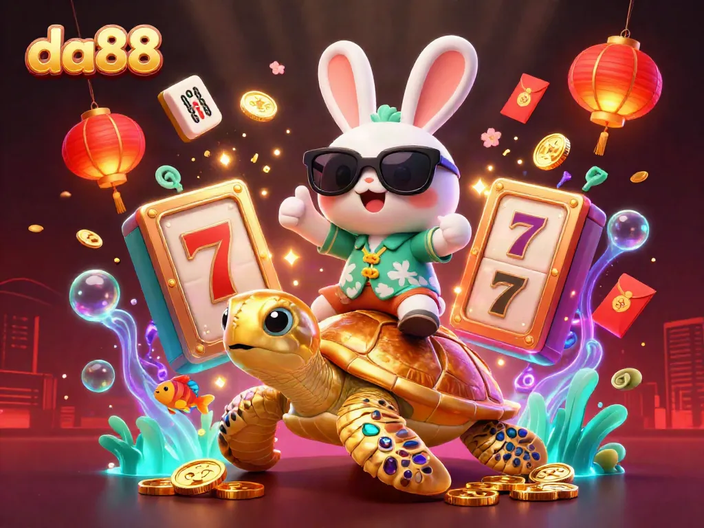 Experience a thrilling casino adventure with da88 featuring a lucky rabbit and golden turtle amidst slot reels and vibrant tropical elements.