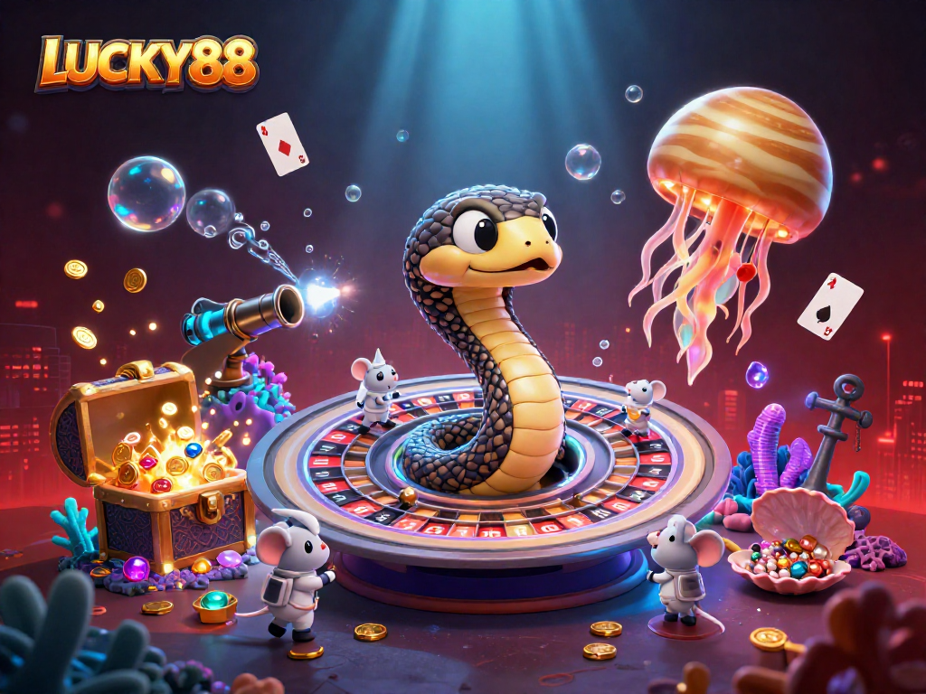 Spin and win with LUCKY88 at a vibrant casino scene featuring astronaut mice and a cosmic dealer.