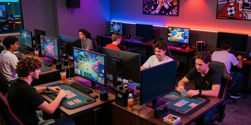 Men enjoying gaming activities at Manclub's vibrant entertainment lounge.