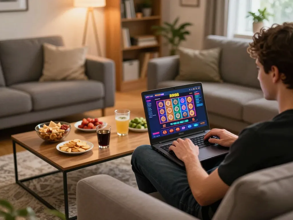 Player enjoying an online gaming session at RR88 with vibrant slot graphics and cozy setup