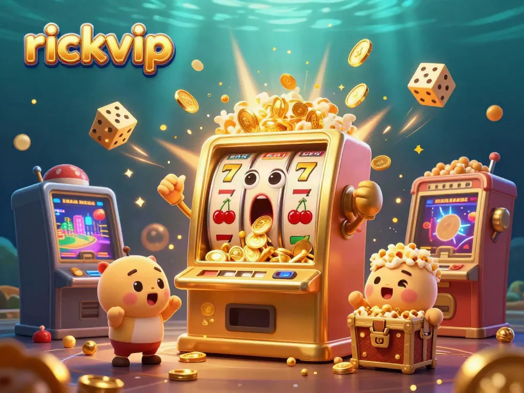 Experience rickvip’s dynamic online casino world with a vibrant jackpot celebration scene featuring animated slot machines.